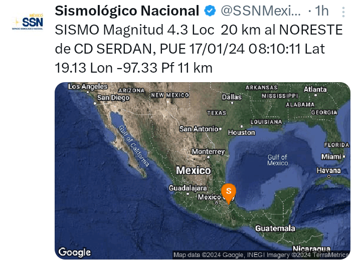 Puebla registra sismo con epicentro en Chalchicomula de Sesma